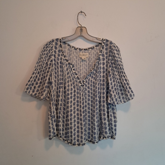 Denim & Supply Blouse Women's Small S STAINED Blue White Printed Coastal Boho - Picture 1 of 13